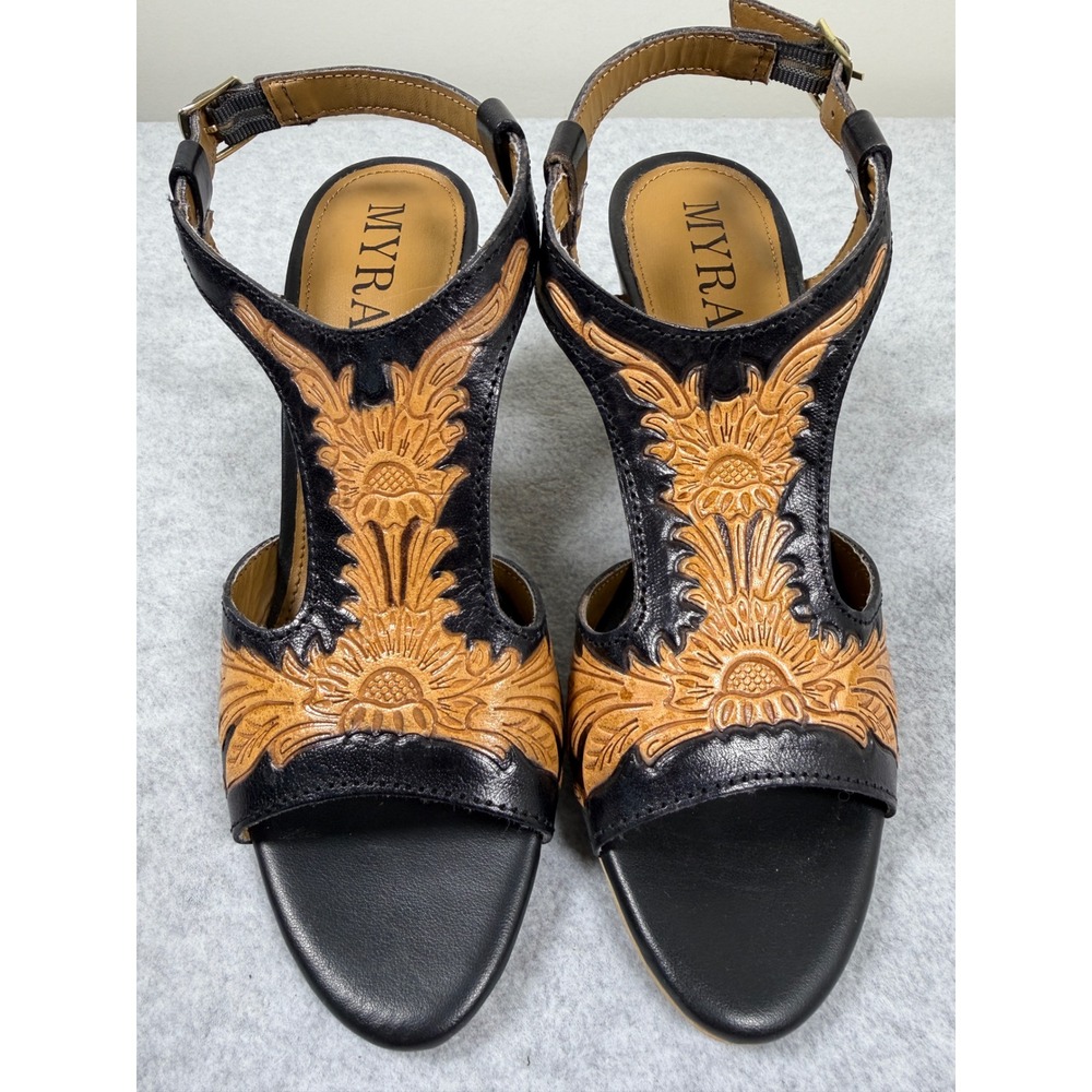 Myra Handtooled Leather Heels Rodeo Rose Natural Brown Sandals Western Cowgirl